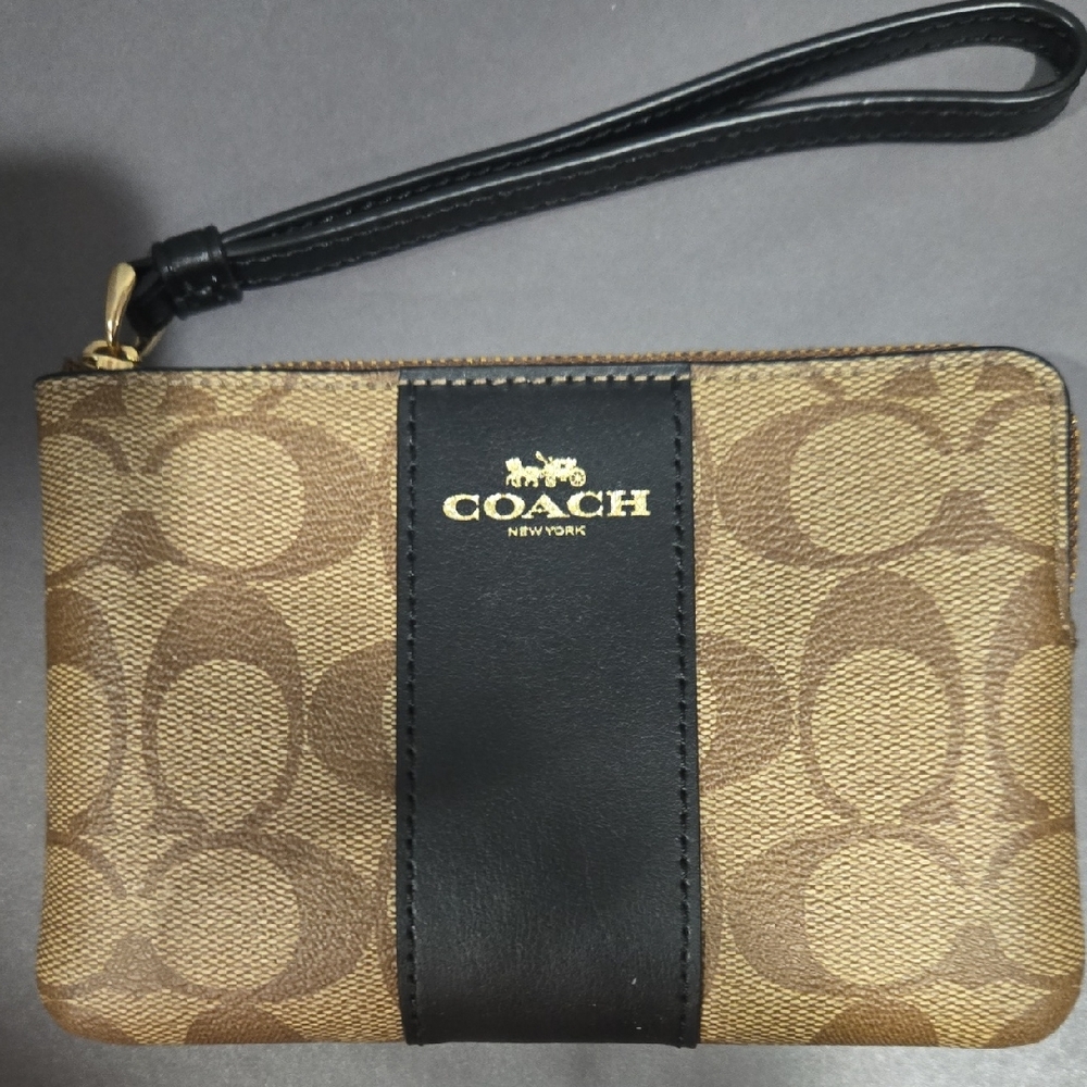 Coach Brown Signature Canvas Wristlet with Black Stripe